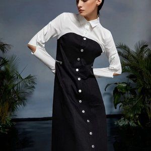 SHEIN X Stella Chan Color Block Ripped Sleeve Button Up Shirt Dress